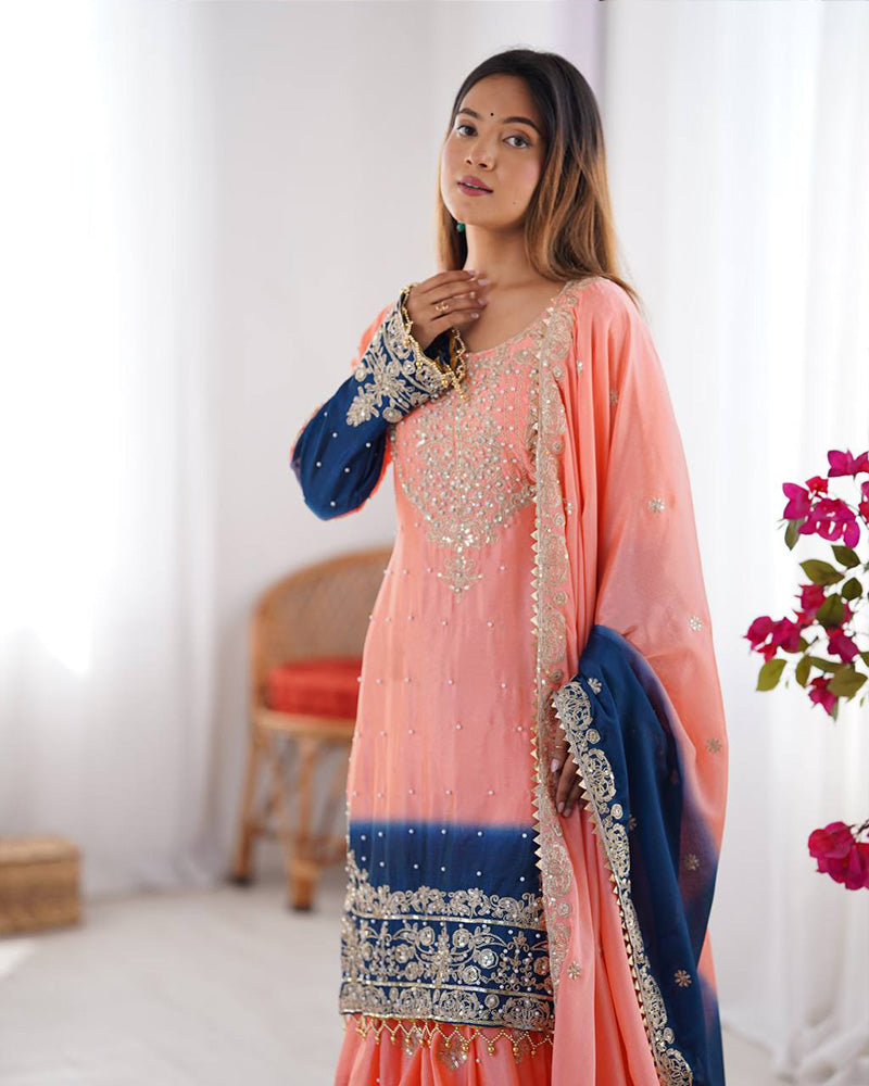 Peach color chinnon sequence worak plazzo suit