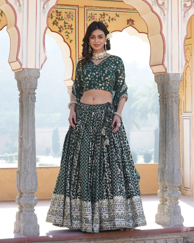 Design Green Color Sequence Embroidered Jacquard Lehenga Choli