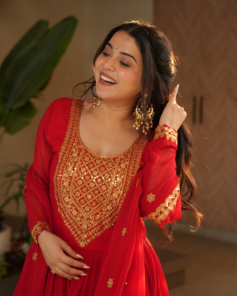 RED COLOR FAUX BLOOMING EMBROIDERED GOWN