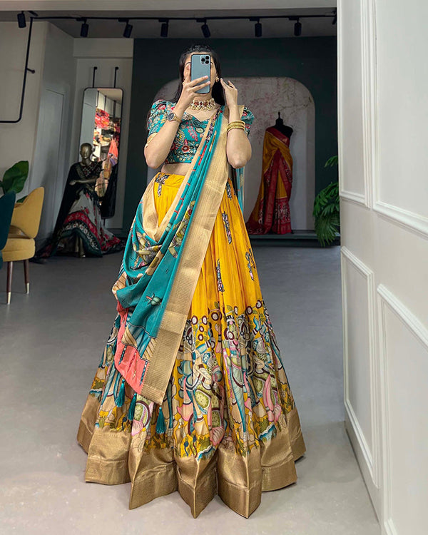 Yellow Color Dola Silk Designer Kalamkari Print Lehenga Choli