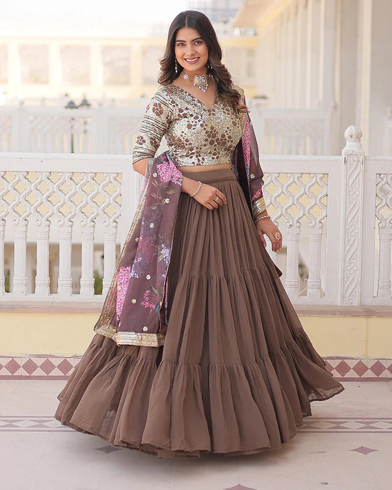 CHOCOLATE COLOR FAUX GEORGETTE FRILL STYLE LEHENGA CHOLI – subhvastra