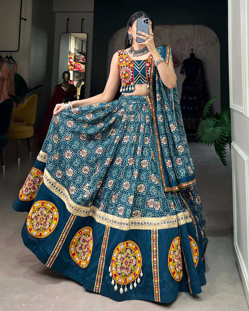 TEAL GREEN COLOR PURE RAYON PRINTED NAVRATRI LEHENGA CHOLI