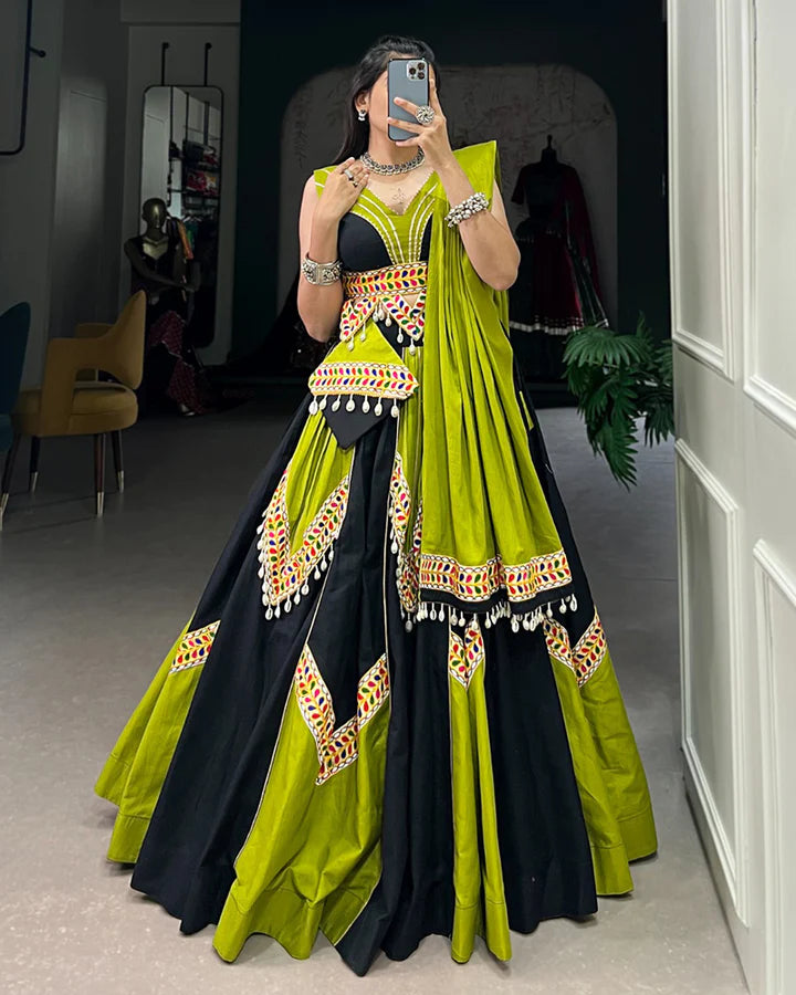 Parrot Green And Black Color Pure Cotton Navratri Lehenga Choli