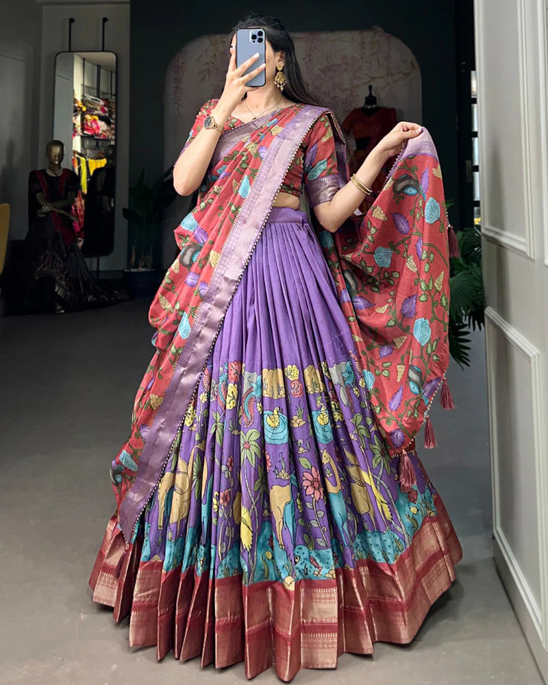 LAVENDER COLOR DOLA SILK DESIGNER KALAMKARI PRINT LEHENGA CHOLI