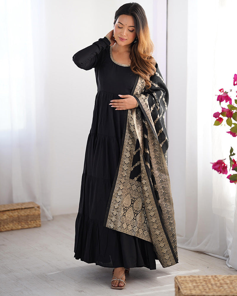 BLACK COLOR PURE ROMAN SILK RUFFLE STYLE ANARKALI SUIT