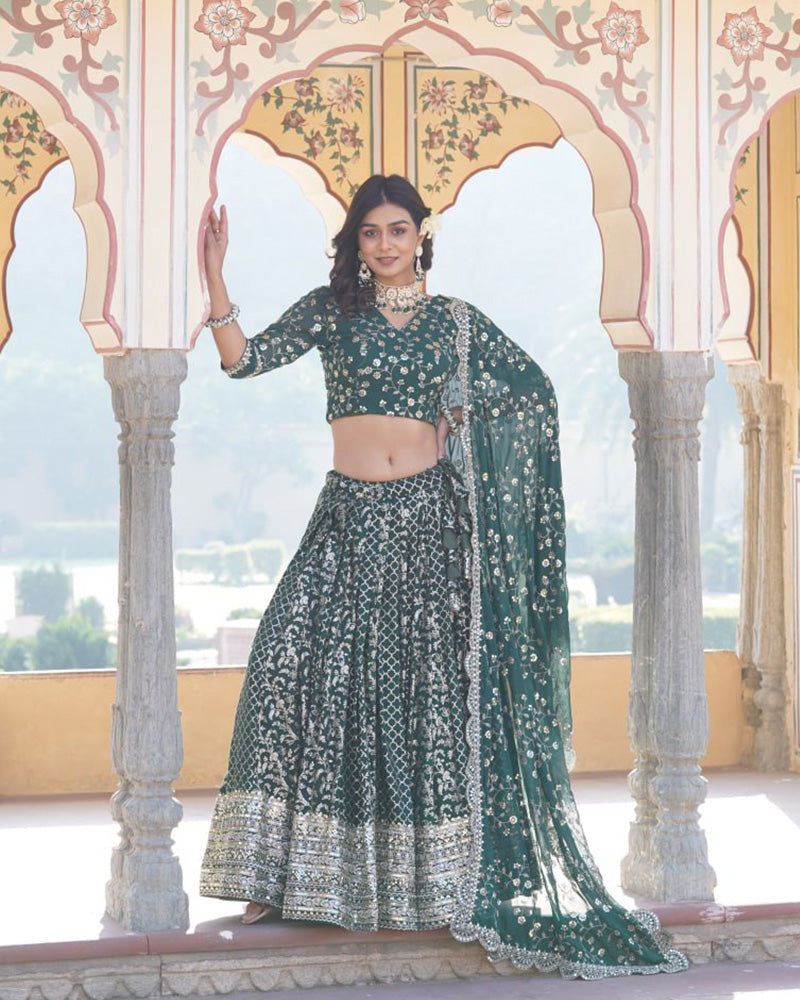 Design Green Color Sequence Embroidered Jacquard Lehenga Choli