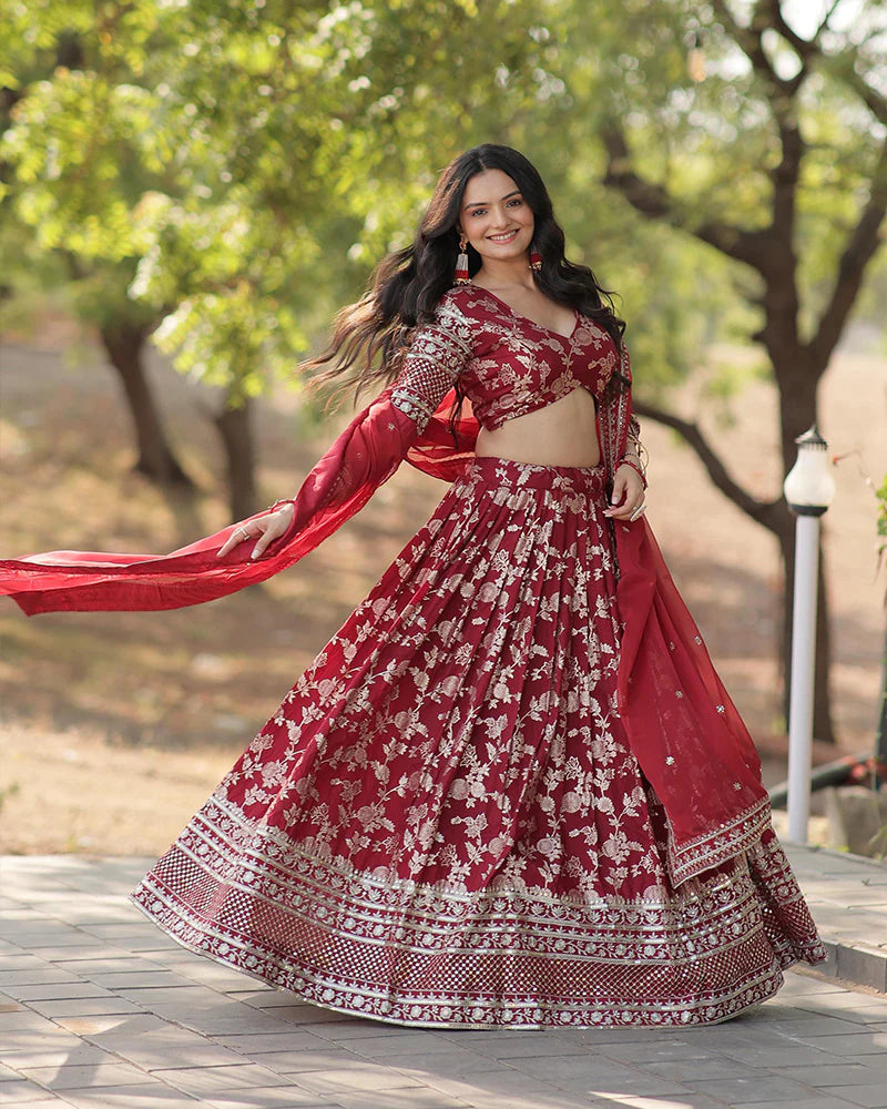 MAROON COLOR PURE VISCOSE JACQUARD LEHENGA CHOLI