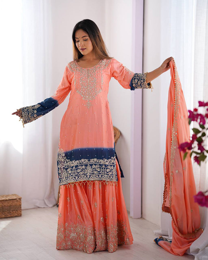 Peach color chinnon sequence worak plazzo suit