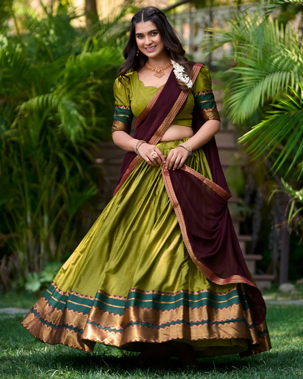 OLIVE GREEN COLOR POLY COTTON LEHENGA CHOLI