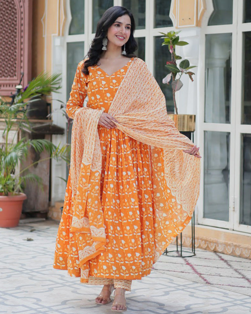 Orange color printed pure cotton three piece kurti suit