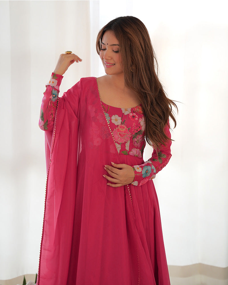 RANI PINK COLOR FLORAL PRINT ORGANZA THREE PIECE ANARKALI SUIT
