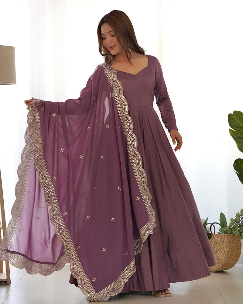 ONION COLOR PURE CHANDERI SILK THREE PIECE ANARKALI SUIT