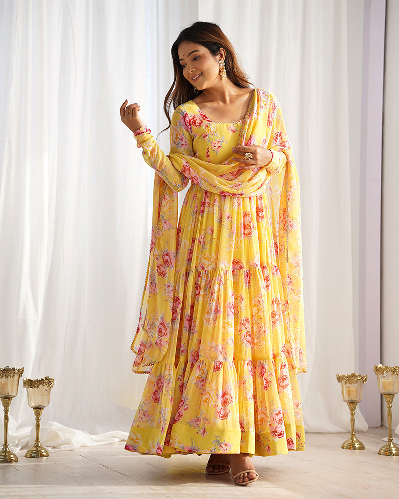 YELLOW COLOR GEORGETTE THREE LAYER RUFFLE STYLE ANARKALI SUIT