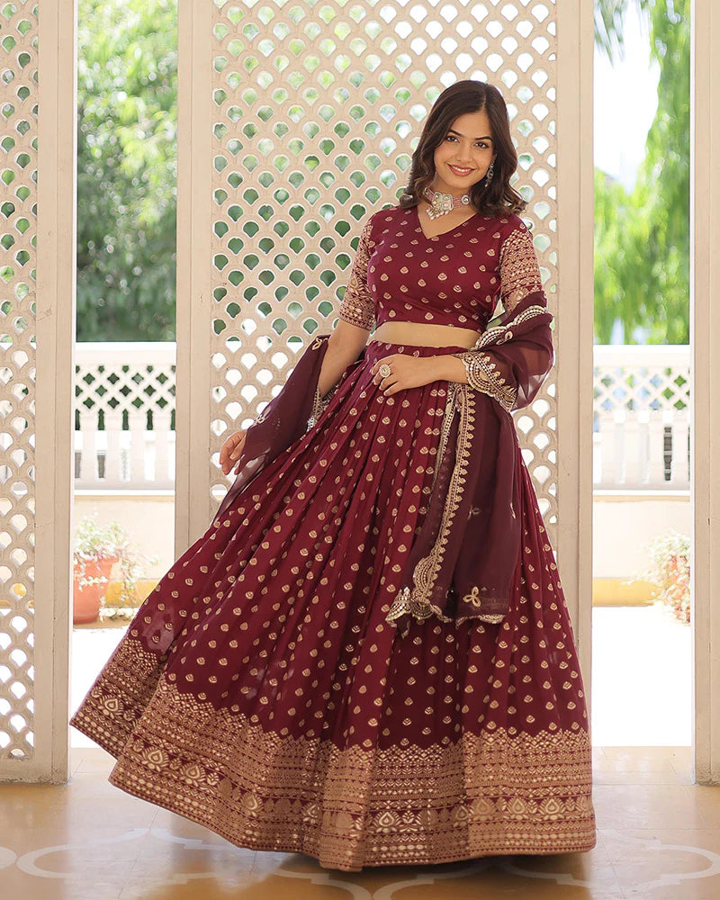 WINE COLOR PURE DYABLE JACQUARD LEHENGA CHOLI