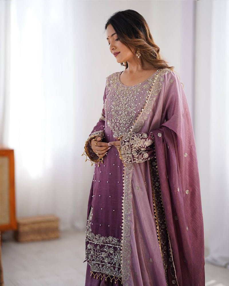 Onion color chinnon sequence work plazzo suit