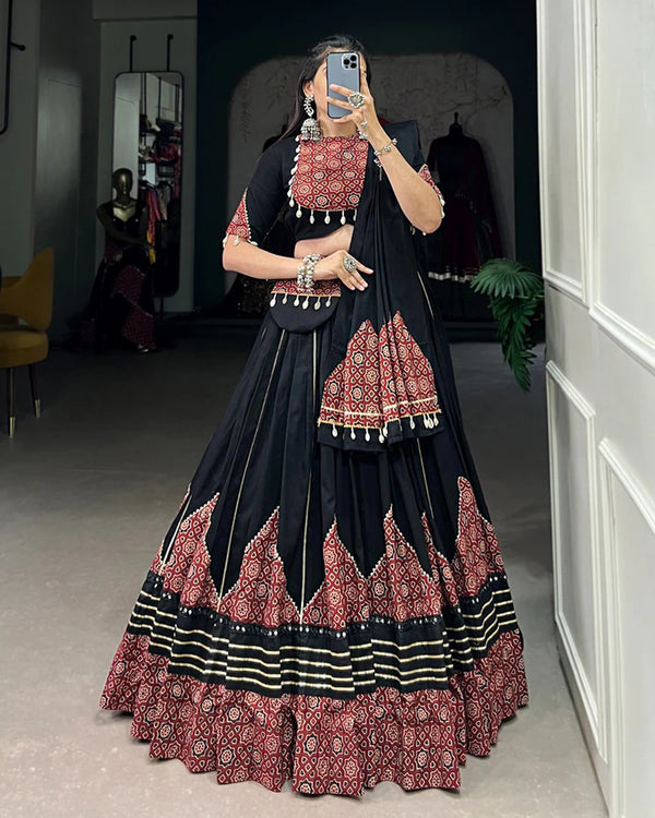 Black Color Cotton Paper Mirror Work Navratri Lehenga Choli