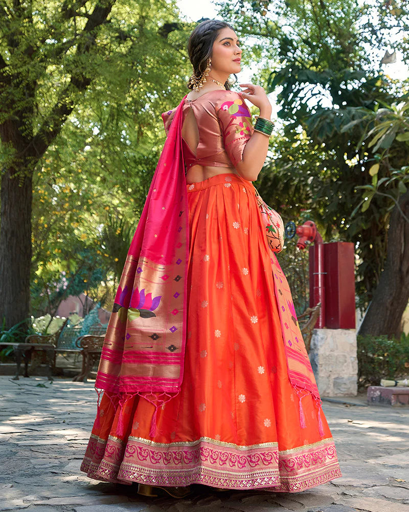 ORANGE COLOR JACQUARD SILK LEHENGA CHOLI