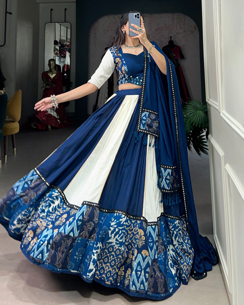 WHITE AND BLUE COLOR RAYON NAVRATRI LEHENGA CHOLI
