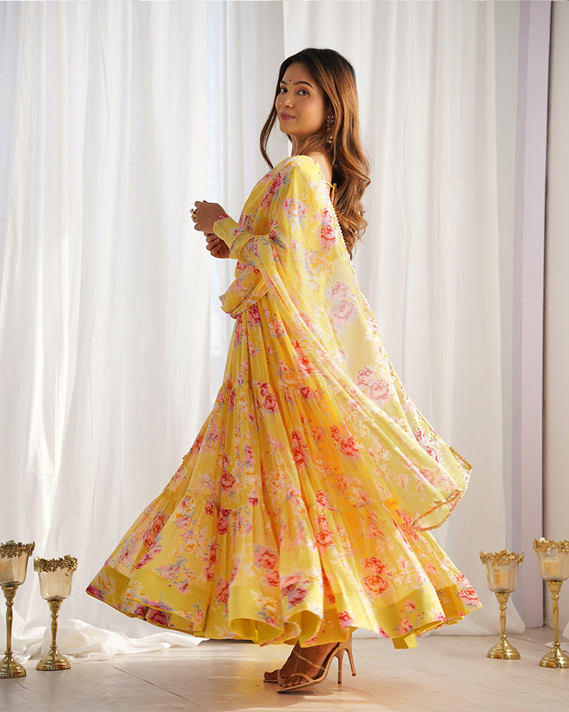 YELLOW COLOR GEORGETTE THREE LAYER RUFFLE STYLE ANARKALI SUIT