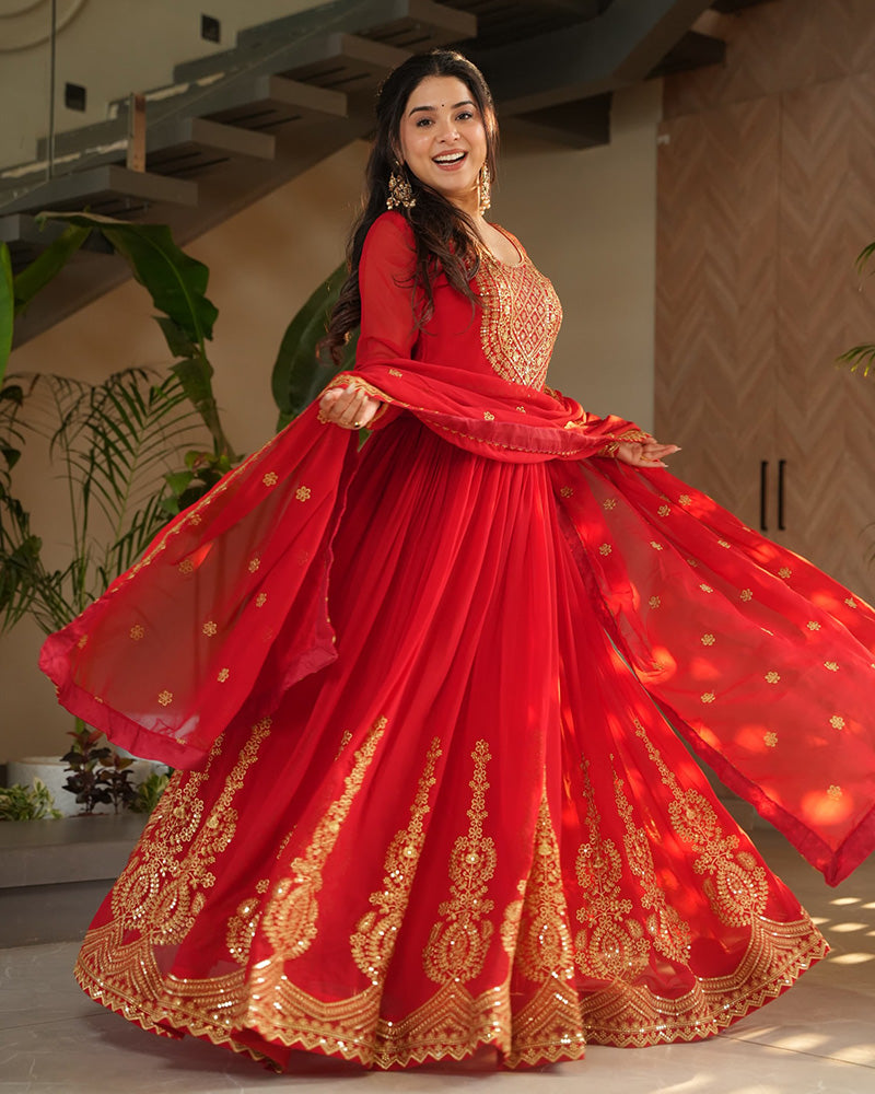 RED COLOR FAUX BLOOMING EMBROIDERED GOWN