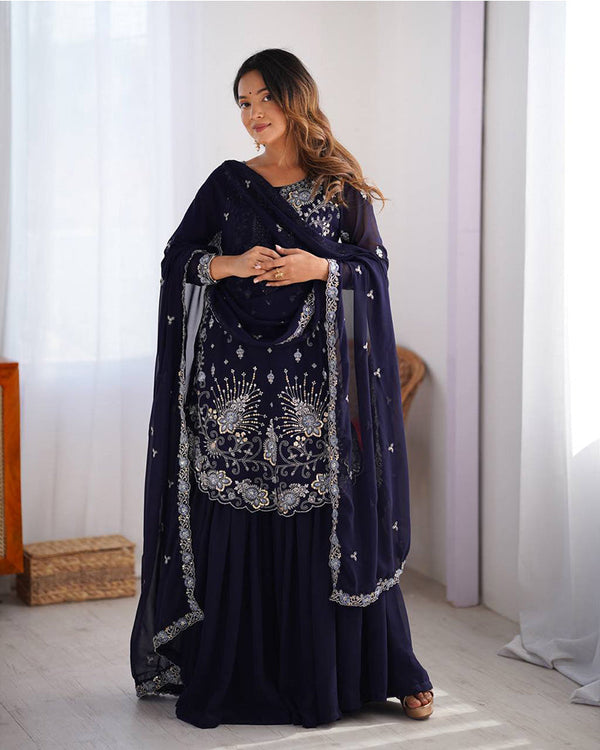 Dark blue color faux georgette sharara suit