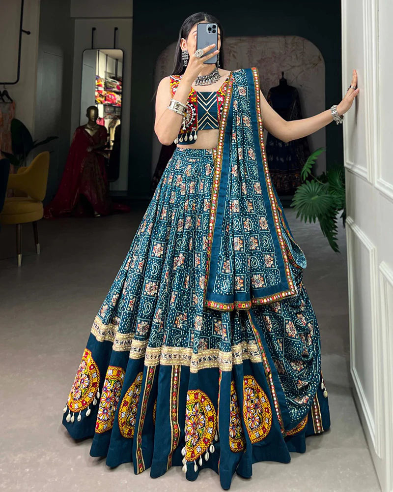 TEAL GREEN COLOR PURE RAYON PRINTED NAVRATRI LEHENGA CHOLI