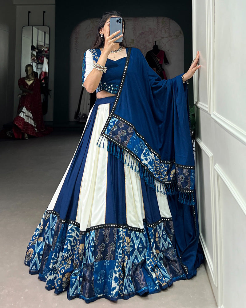 WHITE AND BLUE COLOR RAYON NAVRATRI LEHENGA CHOLI