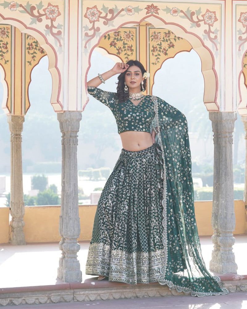 Design Green Color Sequence Embroidered Jacquard Lehenga Choli