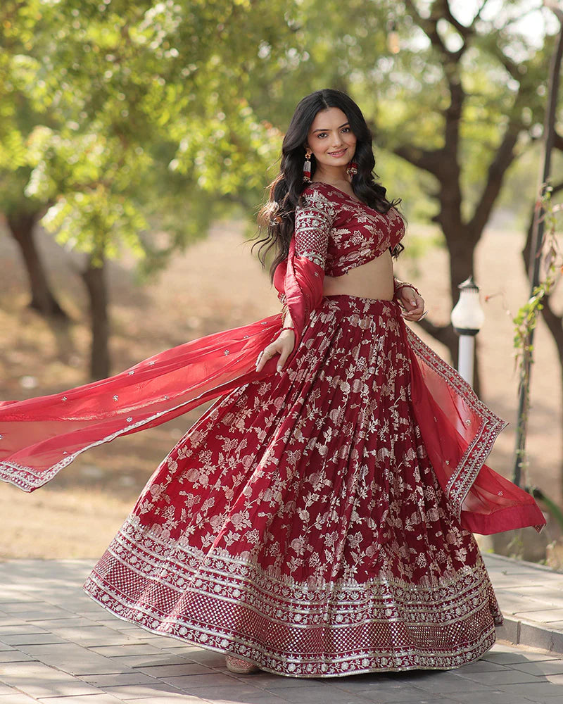 MAROON COLOR PURE VISCOSE JACQUARD LEHENGA CHOLI