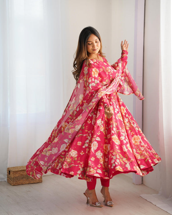Rani pink color pure soft organza three piece anarkali suit