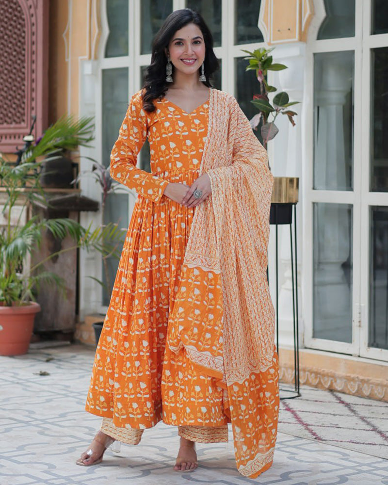 Orange color printed pure cotton three piece kurti suit