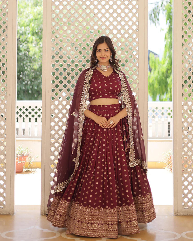 WINE COLOR PURE DYABLE JACQUARD LEHENGA CHOLI