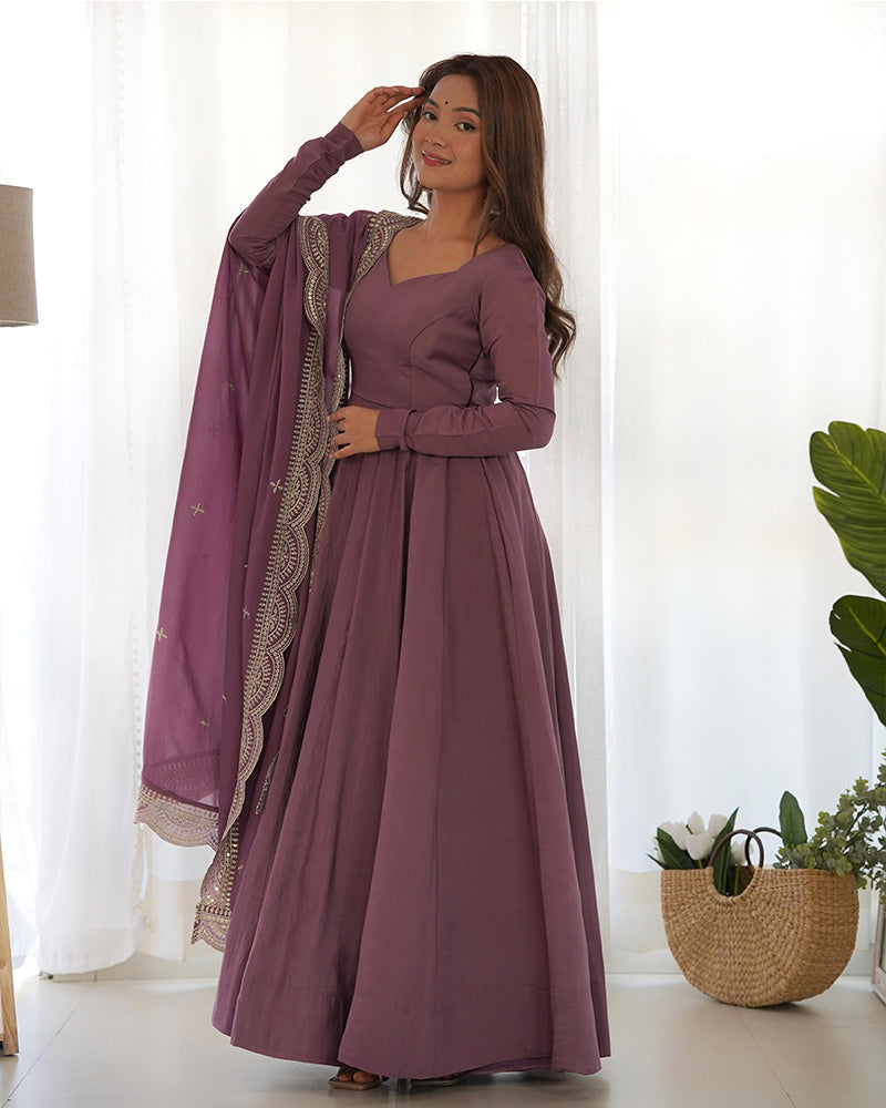 ONION COLOR PURE CHANDERI SILK THREE PIECE ANARKALI SUIT