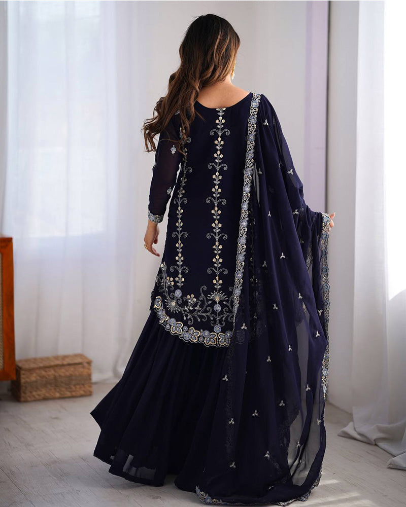 Dark blue color faux georgette sharara suit