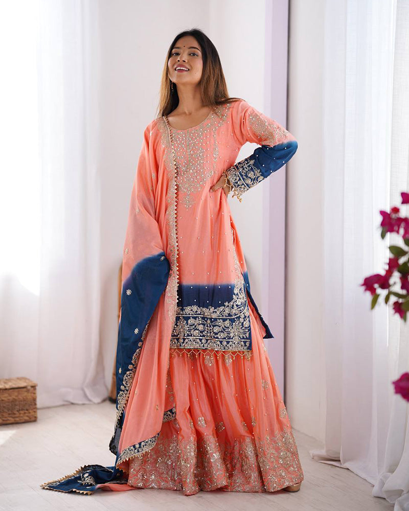Peach color chinnon sequence worak plazzo suit
