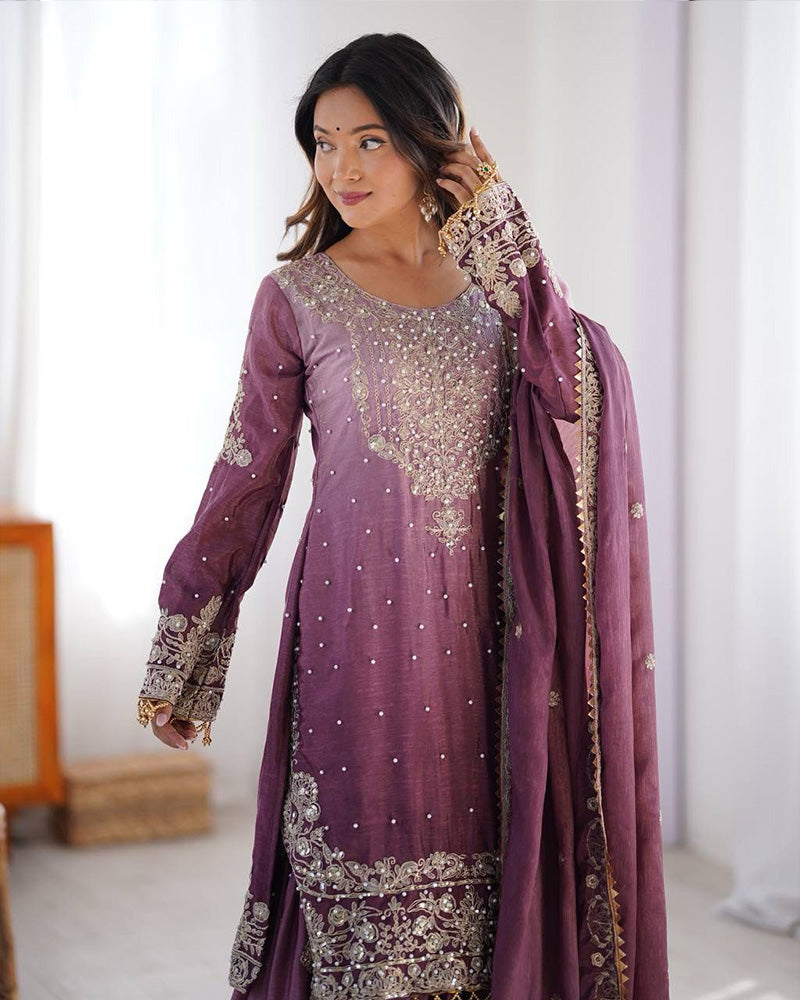 Onion color chinnon sequence work plazzo suit