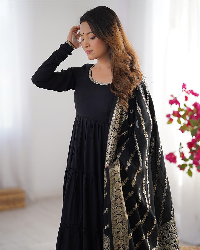 BLACK COLOR PURE ROMAN SILK RUFFLE STYLE ANARKALI SUIT