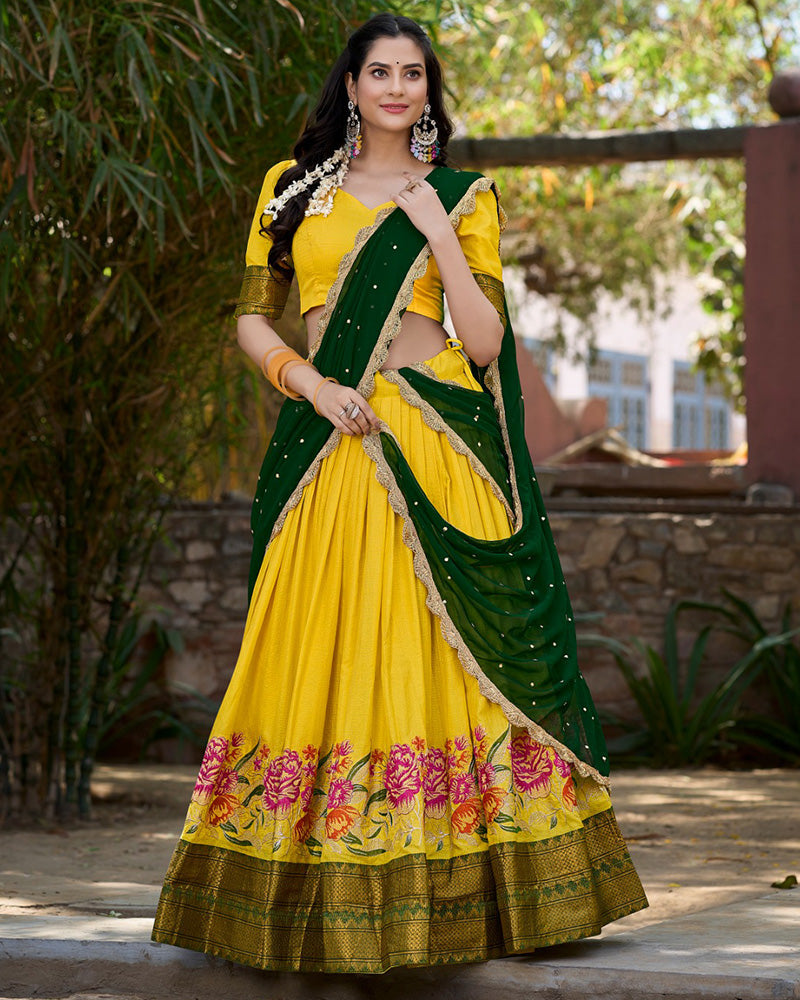 YELLOW COLOR COTTON SILK DESIGNER LEHENGA CHOLI