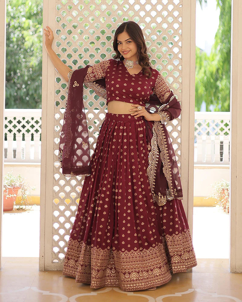 WINE COLOR PURE DYABLE JACQUARD LEHENGA CHOLI