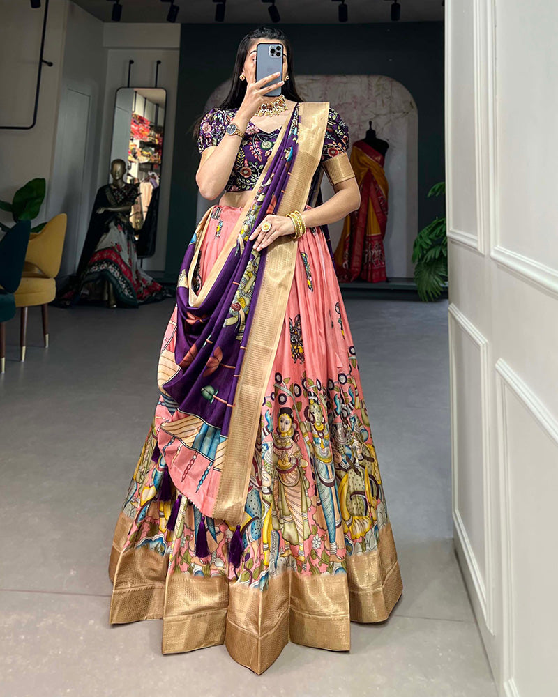 Peach Color Dola Silk Designer Kalamkari Print Lehenga Choli