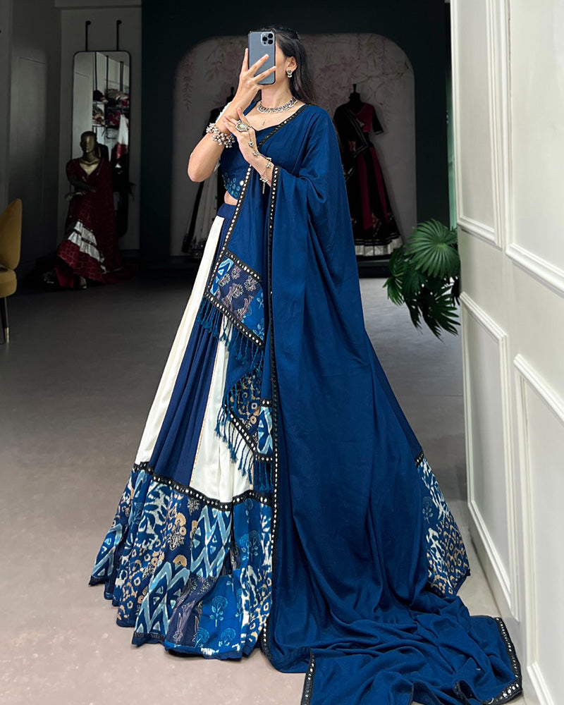 WHITE AND BLUE COLOR RAYON NAVRATRI LEHENGA CHOLI