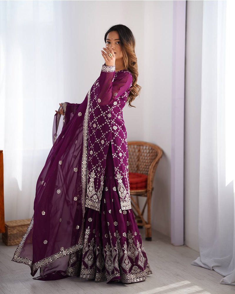 Wine Color Faux Georgette Sharara Suit