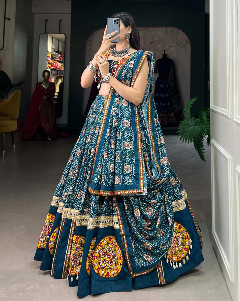 TEAL GREEN COLOR PURE RAYON PRINTED NAVRATRI LEHENGA CHOLI