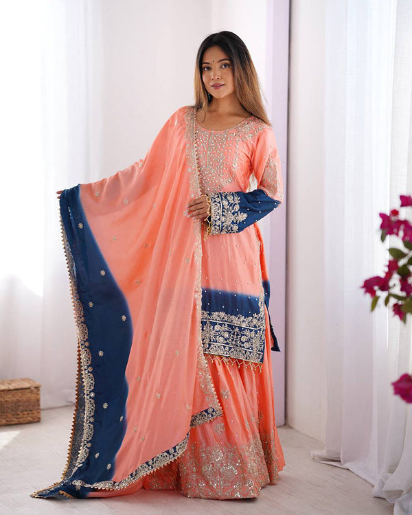 Peach color chinnon sequence worak plazzo suit