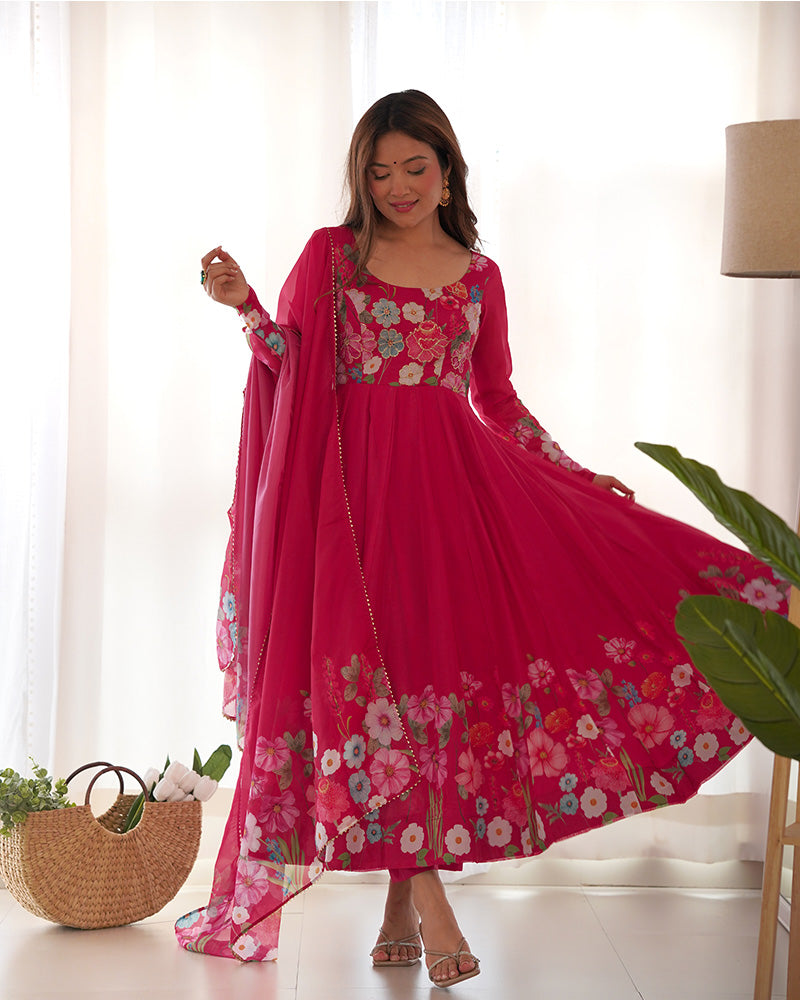 RANI PINK COLOR FLORAL PRINT ORGANZA THREE PIECE ANARKALI SUIT