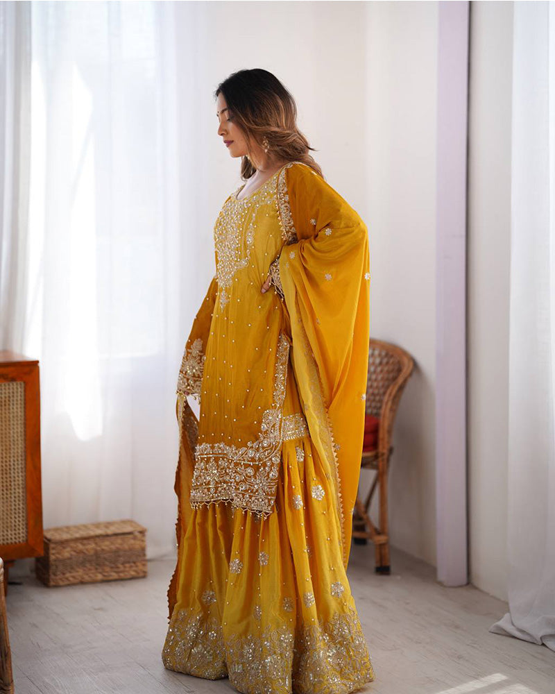 Yellow color chinnon sequence work plazzo suit