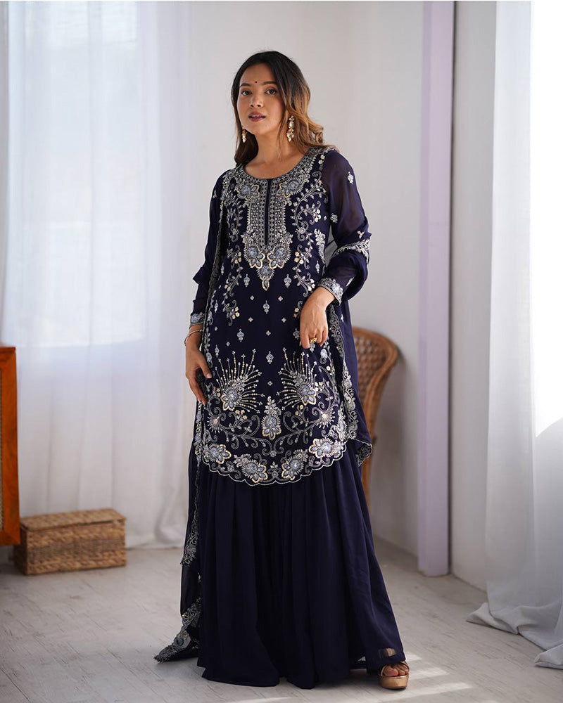 Dark blue color faux georgette sharara suit