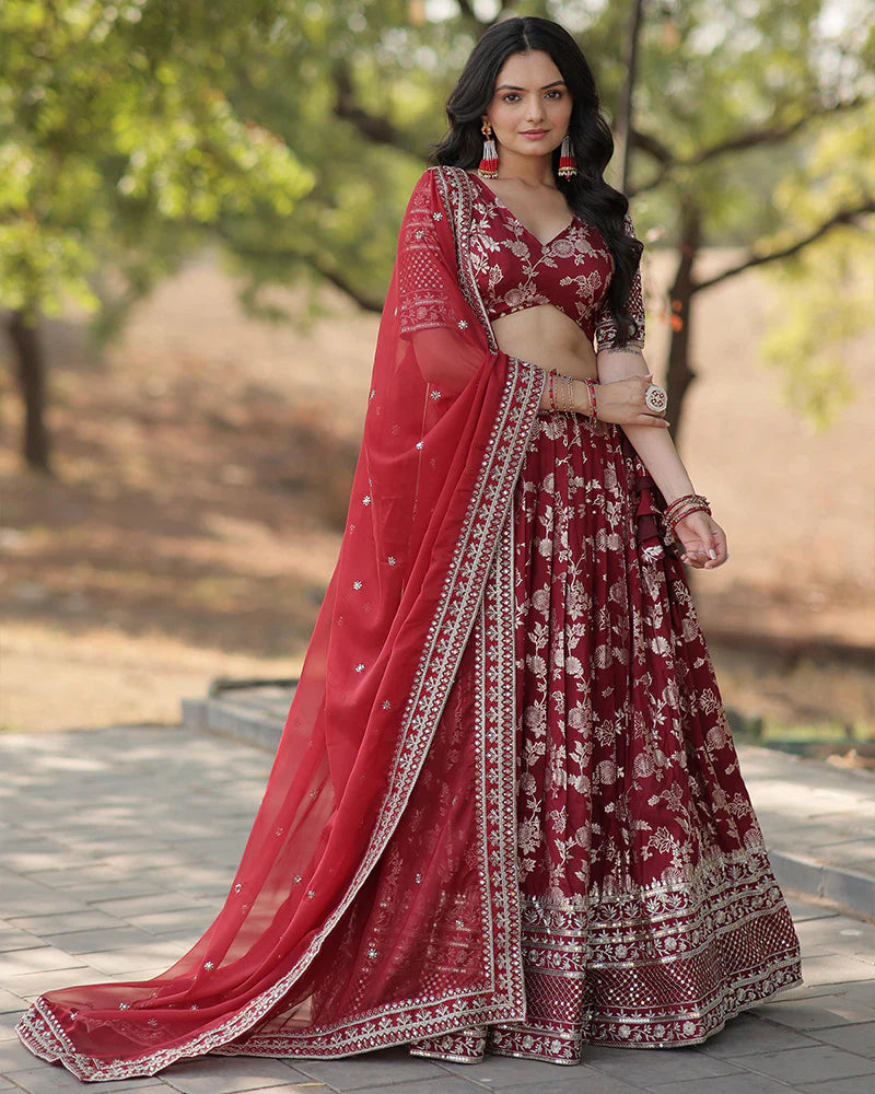 MAROON COLOR PURE VISCOSE JACQUARD LEHENGA CHOLI