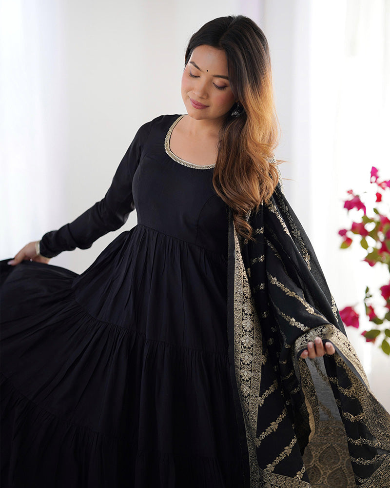 BLACK COLOR PURE ROMAN SILK RUFFLE STYLE ANARKALI SUIT
