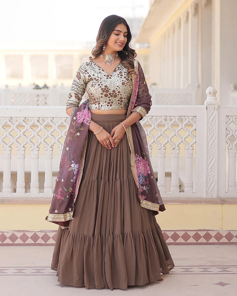 CHOCOLATE COLOR FAUX GEORGETTE FRILL STYLE LEHENGA CHOLI